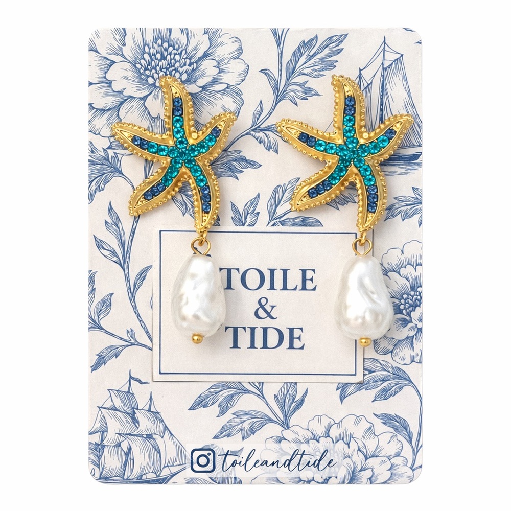 Toile & Tide Starfish Pearl Drop Earrings Gold Blue Crystal Coastal Statement